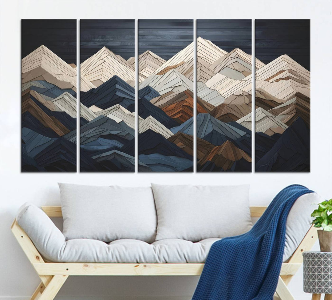 Wooden Mountain Wall Art | Geometric Mountain Canvas Print | Rustic Modern Mountain Art for Living Room, Office, Bedroom