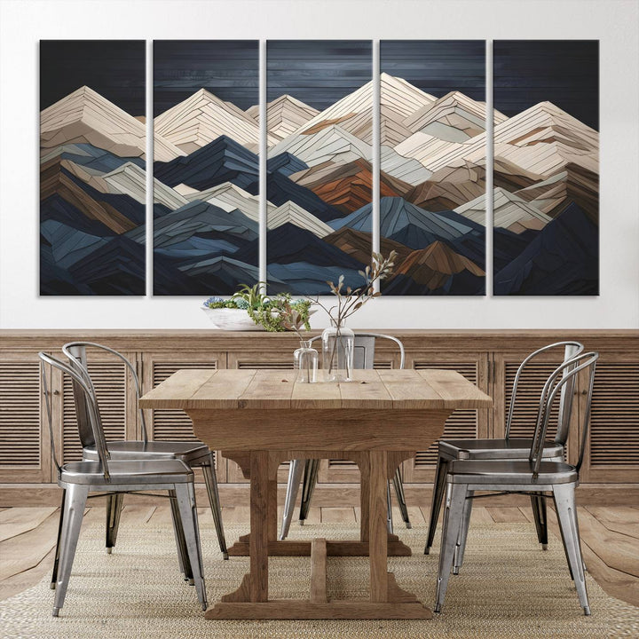 Wooden Mountain Wall Art | Geometric Mountain Canvas Print | Rustic Modern Mountain Art for Living Room, Office, Bedroom