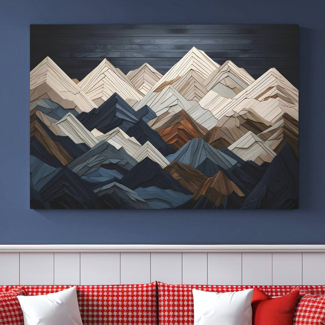 Wooden Mountain Wall Art | Geometric Mountain Canvas Print | Rustic Modern Mountain Art for Living Room, Office, Bedroom