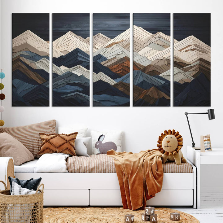 Wooden Mountain Wall Art | Geometric Mountain Canvas Print | Rustic Modern Mountain Art for Living Room, Office, Bedroom