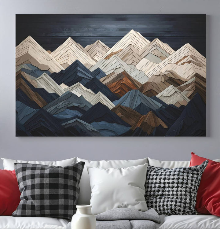 Wooden Mountain Wall Art | Geometric Mountain Canvas Print | Rustic Modern Mountain Art for Living Room, Office, Bedroom