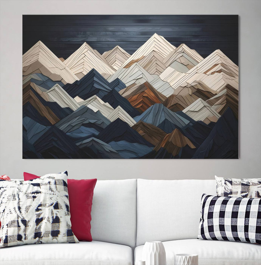 Wooden Mountain Wall Art | Geometric Mountain Canvas Print | Rustic Modern Mountain Art for Living Room, Office, Bedroom