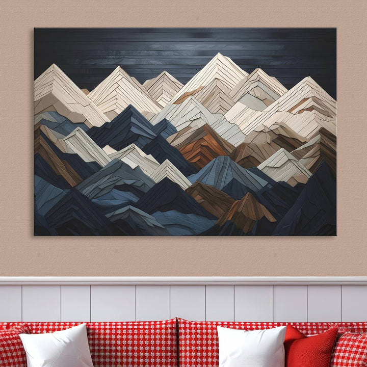 Wooden Mountain Wall Art | Geometric Mountain Canvas Print | Rustic Modern Mountain Art for Living Room, Office, Bedroom