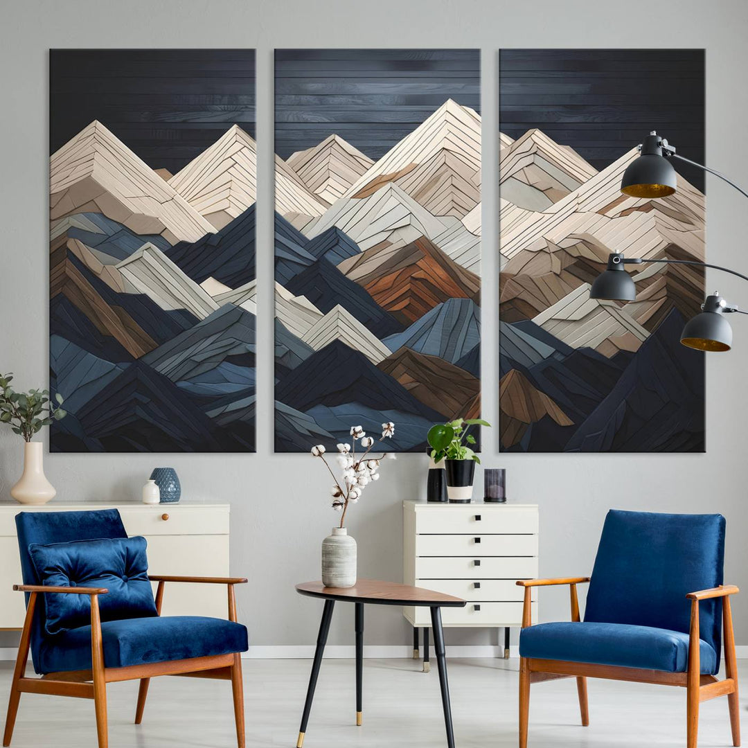 Wooden Mountain Wall Art | Geometric Mountain Canvas Print | Rustic Modern Mountain Art for Living Room, Office, Bedroom