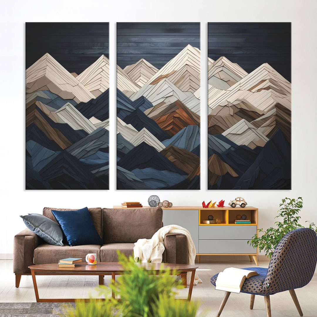 Wooden Mountain Wall Art | Geometric Mountain Canvas Print | Rustic Modern Mountain Art for Living Room, Office, Bedroom