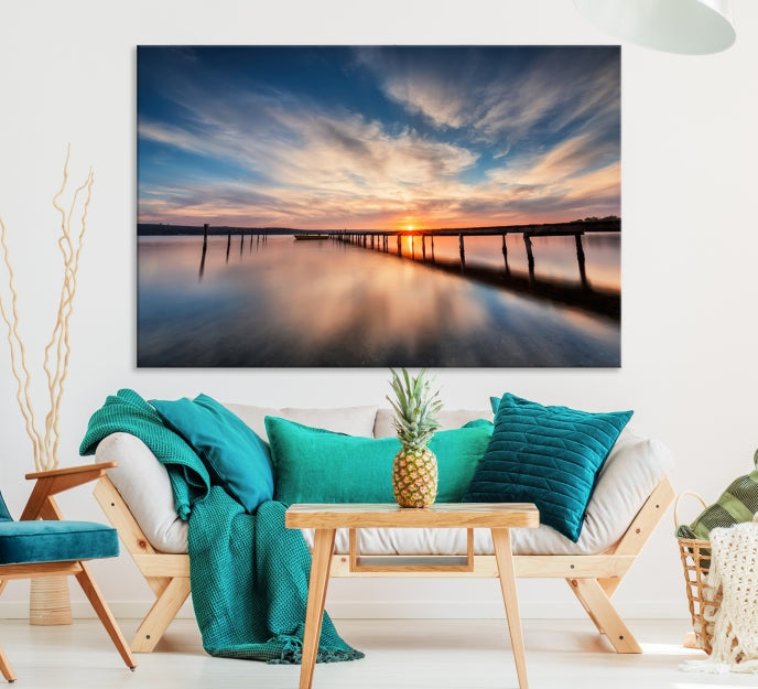 Wooden Pier at Sunset Seascape Wall Art Canvas Print for Home Office Decor