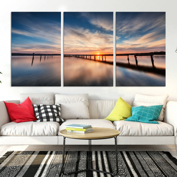 Wooden Pier at Sunset Seascape Wall Art Canvas Print for Home Office Decor