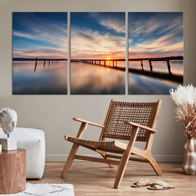 Wooden Pier at Sunset Seascape Wall Art Canvas Print for Home Office Decor