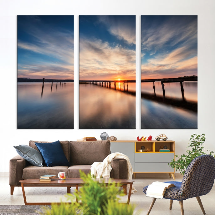 Wooden Pier at Sunset Seascape Wall Art Canvas Print for Home Office Decor