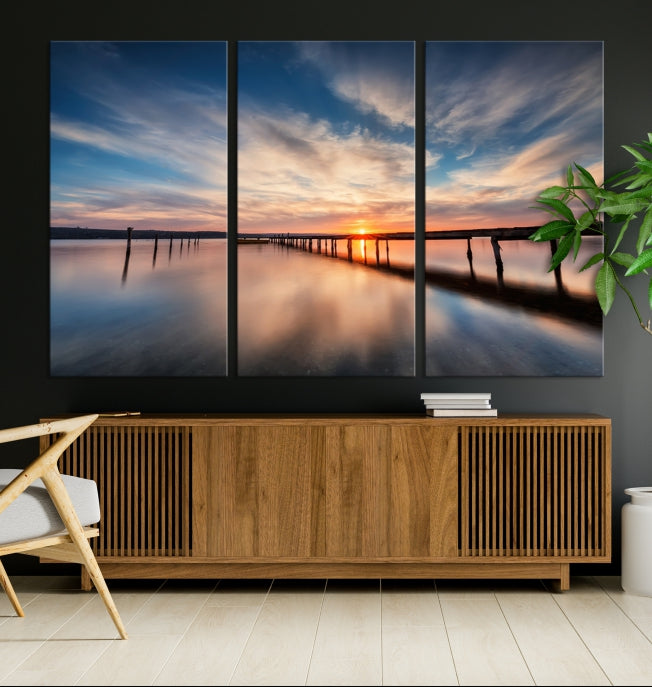 Wooden Pier at Sunset Seascape Wall Art Canvas Print for Home Office Decor