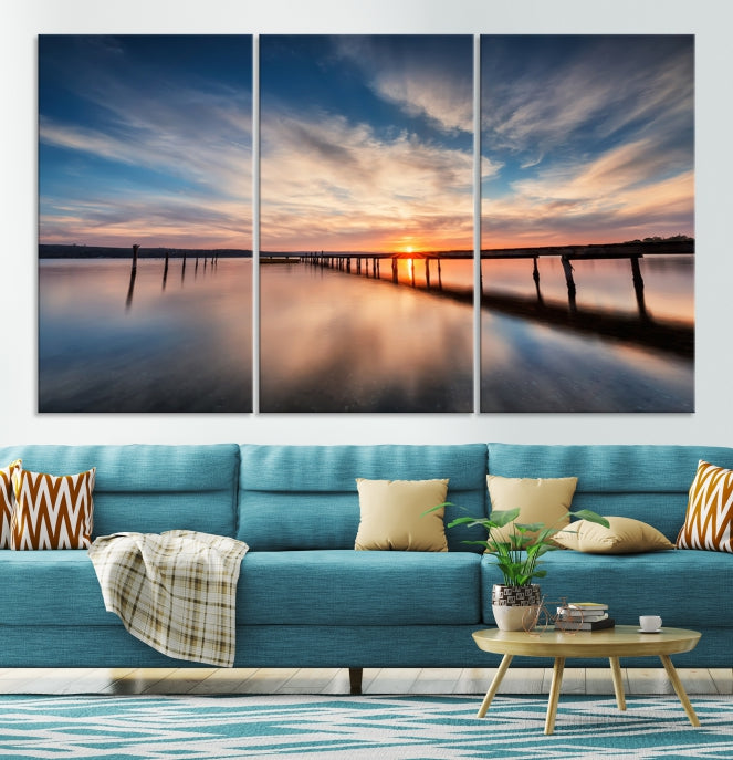 Wooden Pier at Sunset Seascape Wall Art Canvas Print for Home Office Decor