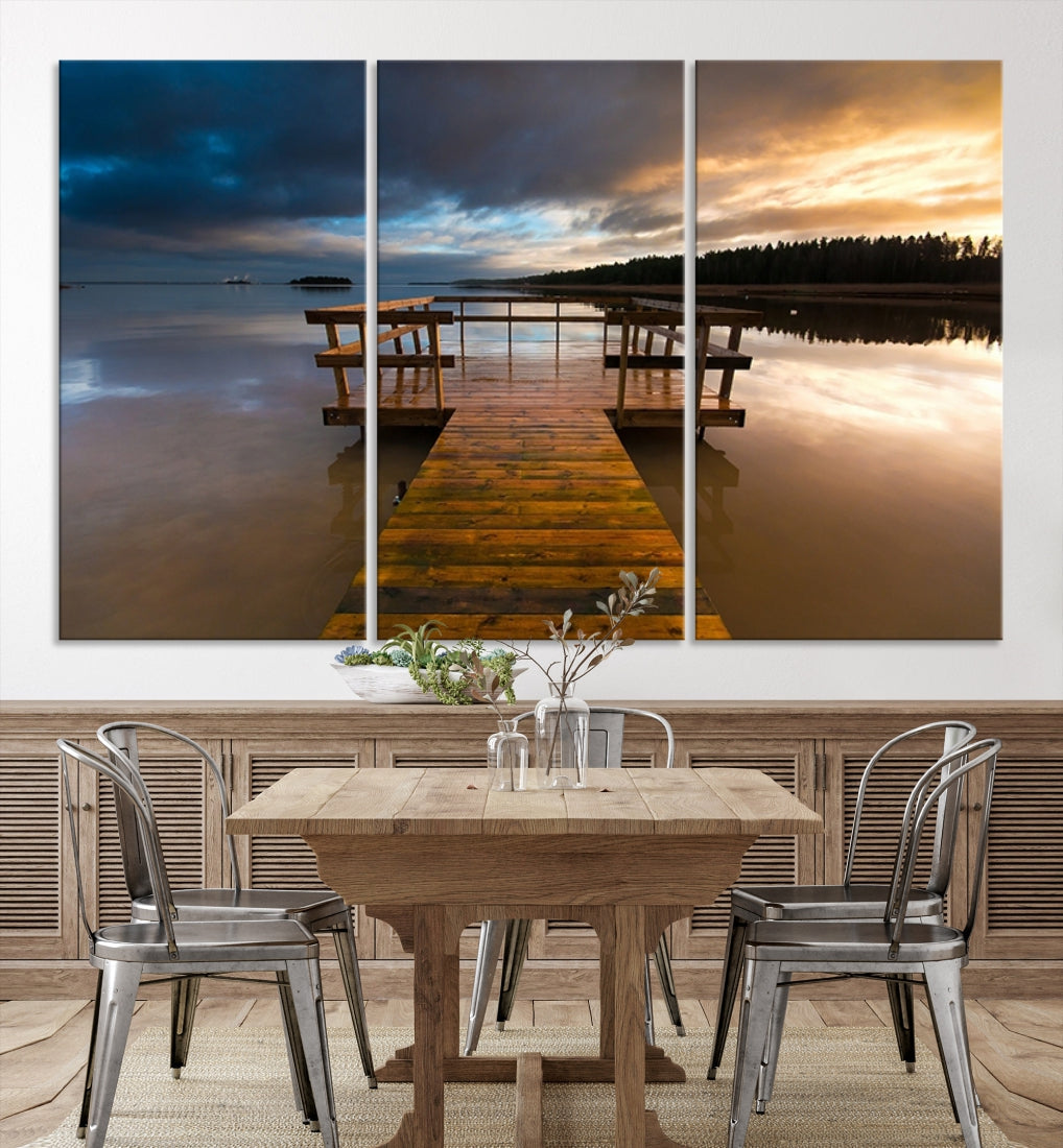 Wooden Pier at Twilight with Amazing Forest Landscape Canvas Wall Art Giclee Print