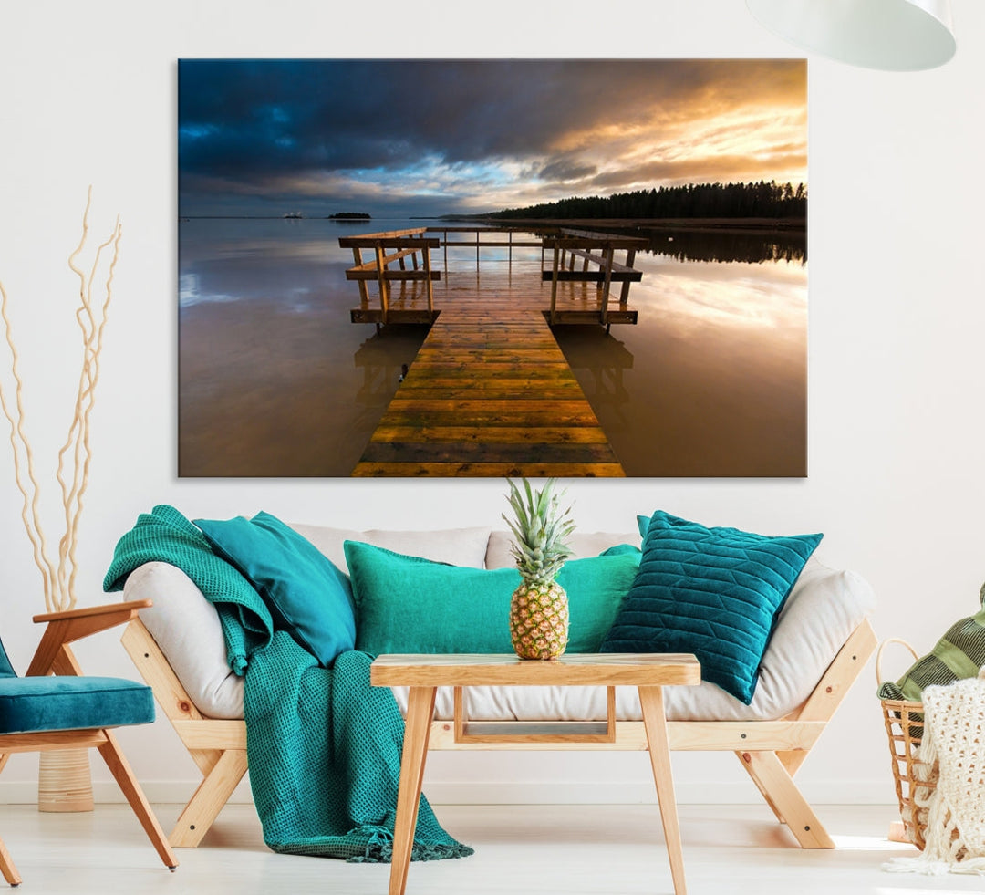 Wooden Pier at Twilight with Amazing Forest Landscape Canvas Wall Art Giclee Print