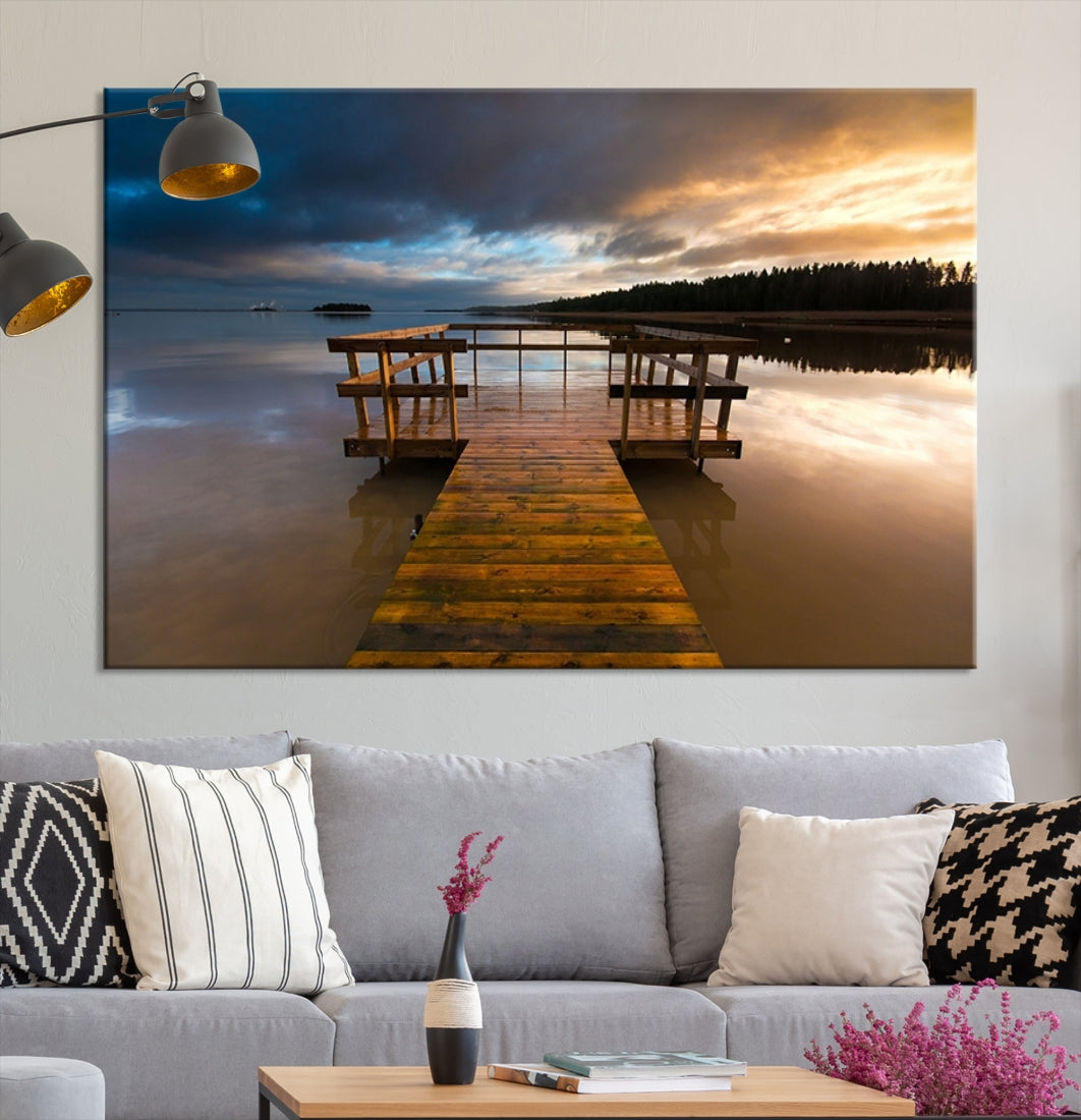 Wooden Pier at Twilight with Amazing Forest Landscape Canvas Wall Art Giclee Print