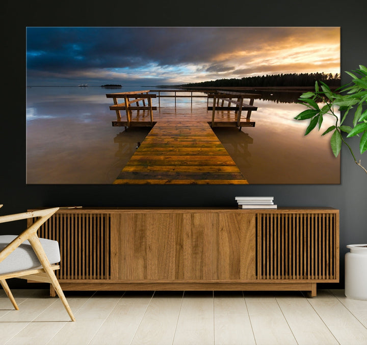 Wooden Pier at Twilight with Amazing Forest Landscape Canvas Wall Art Giclee Print