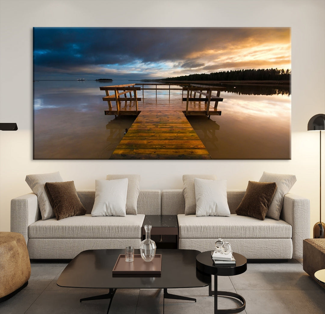 Wooden Pier at Twilight with Amazing Forest Landscape Canvas Wall Art Giclee Print