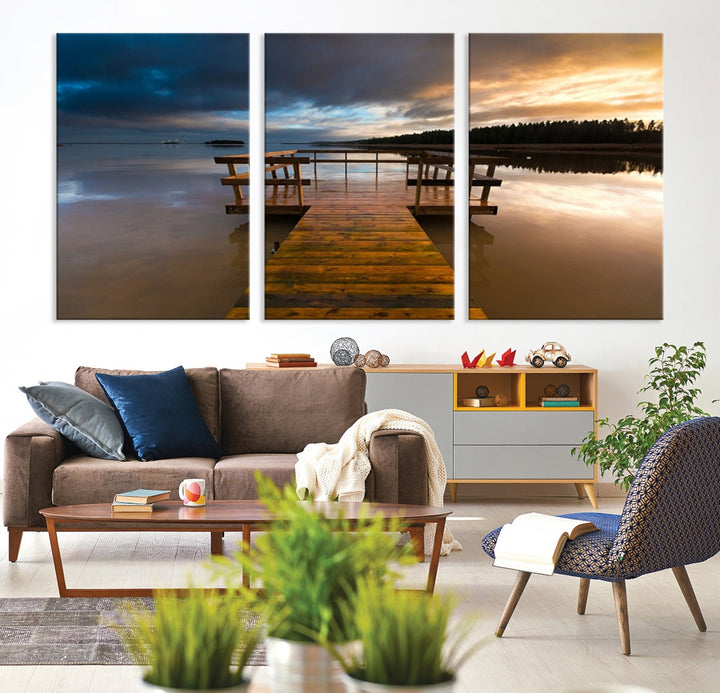 Wooden Pier at Twilight with Amazing Forest Landscape Canvas Wall Art Giclee Print