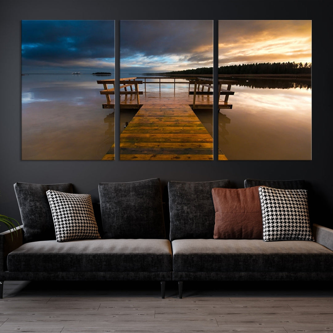 Wooden Pier at Twilight with Amazing Forest Landscape Canvas Wall Art Giclee Print