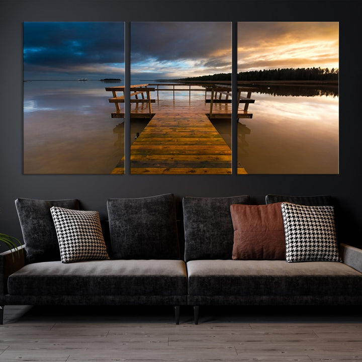 Wooden Pier at Twilight with Amazing Forest Landscape Canvas Wall Art Giclee Print