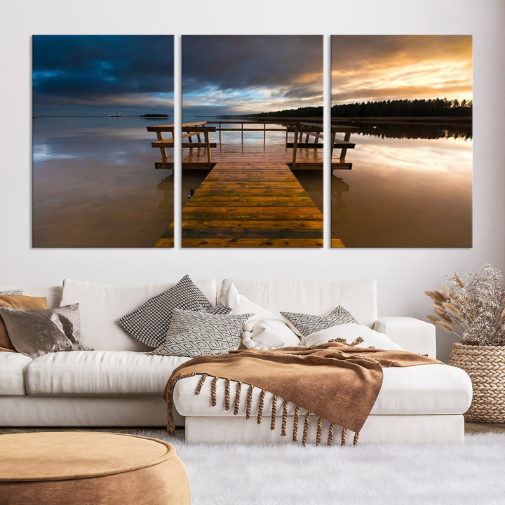 Wooden Pier at Twilight with Amazing Forest Landscape Canvas Wall Art Giclee Print