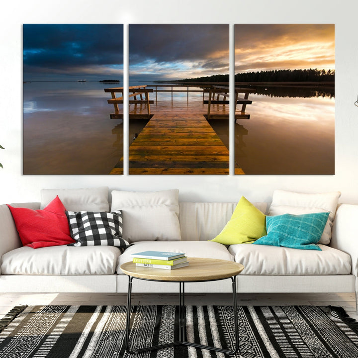 Wooden Pier at Twilight with Amazing Forest Landscape Canvas Wall Art Giclee Print