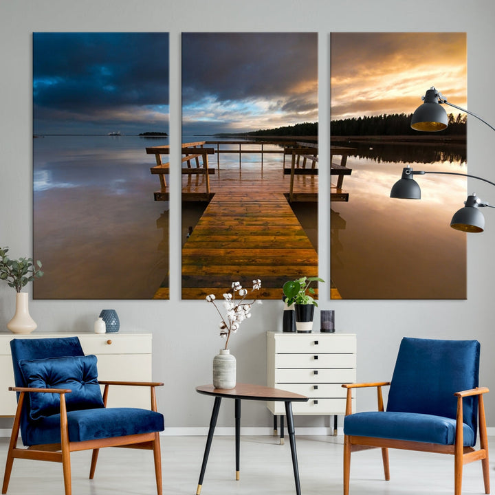 Wooden Pier at Twilight with Amazing Forest Landscape Canvas Wall Art Giclee Print