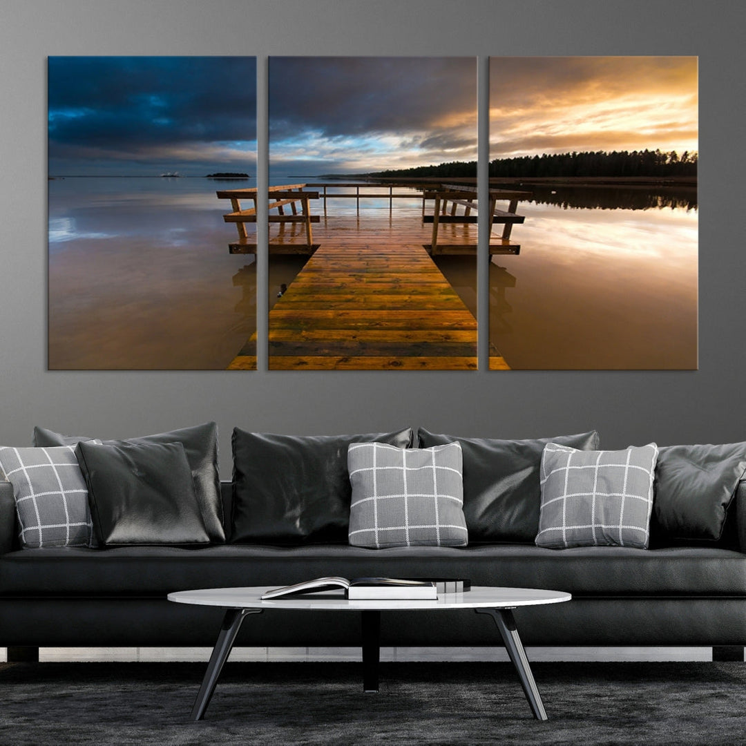 Wooden Pier at Twilight with Amazing Forest Landscape Canvas Wall Art Giclee Print