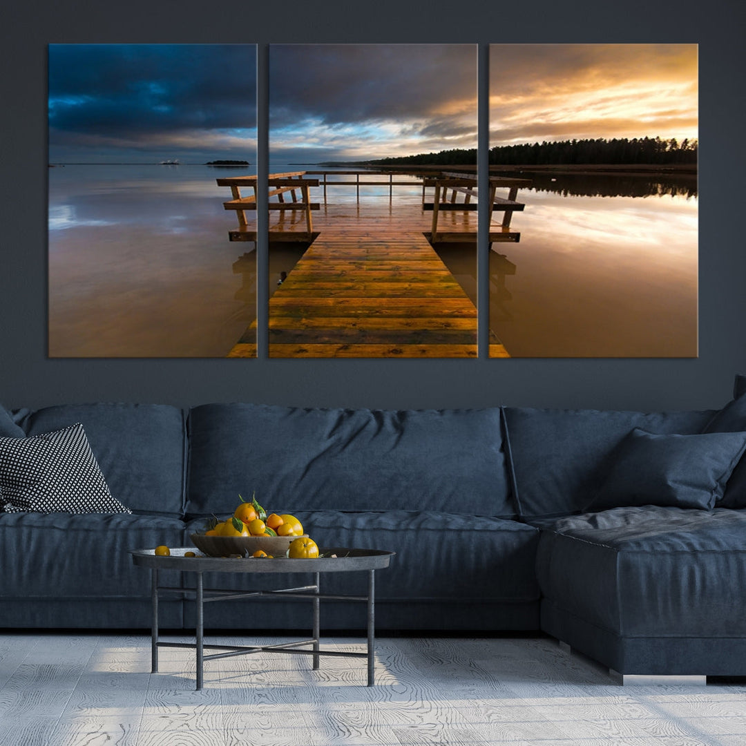 Wooden Pier at Twilight with Amazing Forest Landscape Canvas Wall Art Giclee Print