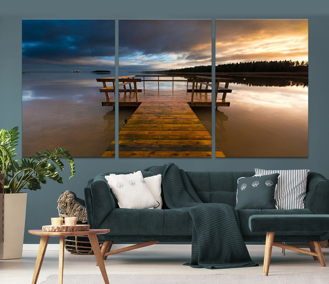 Wooden Pier at Twilight with Amazing Forest Landscape Canvas Wall Art Giclee Print