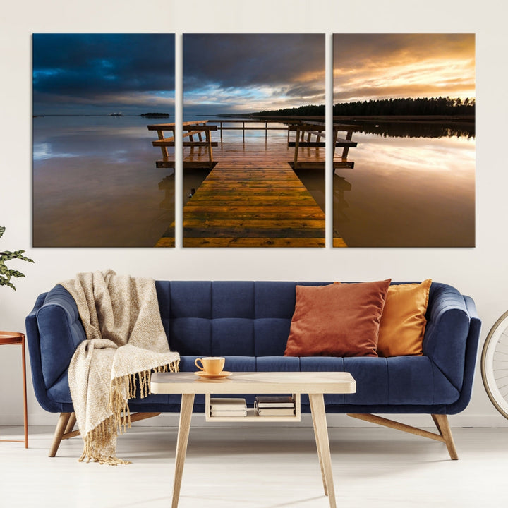 Wooden Pier at Twilight with Amazing Forest Landscape Canvas Wall Art Giclee Print