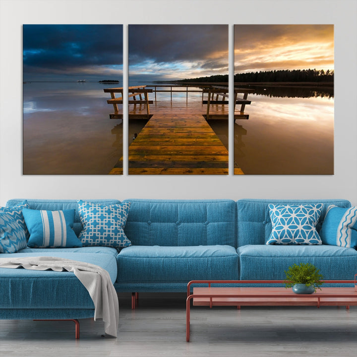 Wooden Pier at Twilight with Amazing Forest Landscape Canvas Wall Art Giclee Print