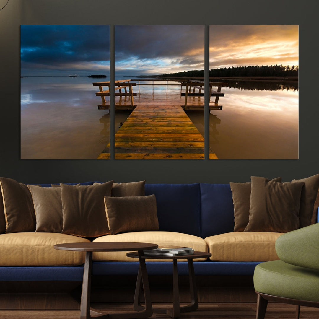 Wooden Pier at Twilight with Amazing Forest Landscape Canvas Wall Art Giclee Print