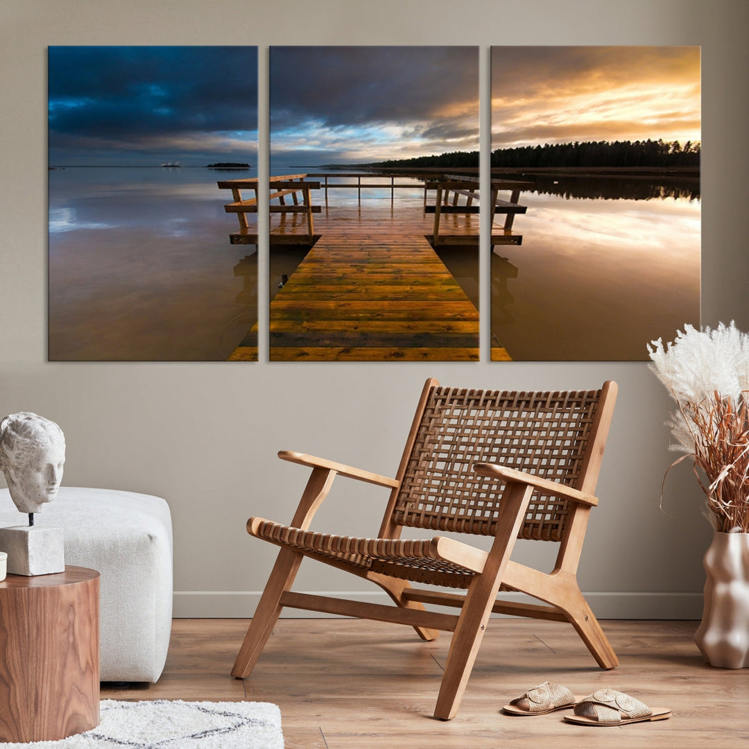 Wooden Pier at Twilight with Amazing Forest Landscape Canvas Wall Art Giclee Print