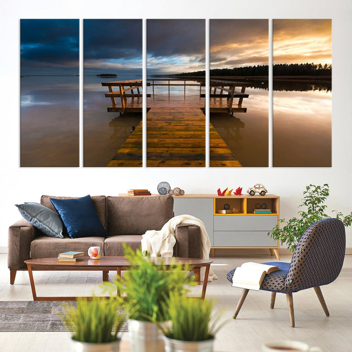 Wooden Pier at Twilight with Amazing Forest Landscape Canvas Wall Art Giclee Print