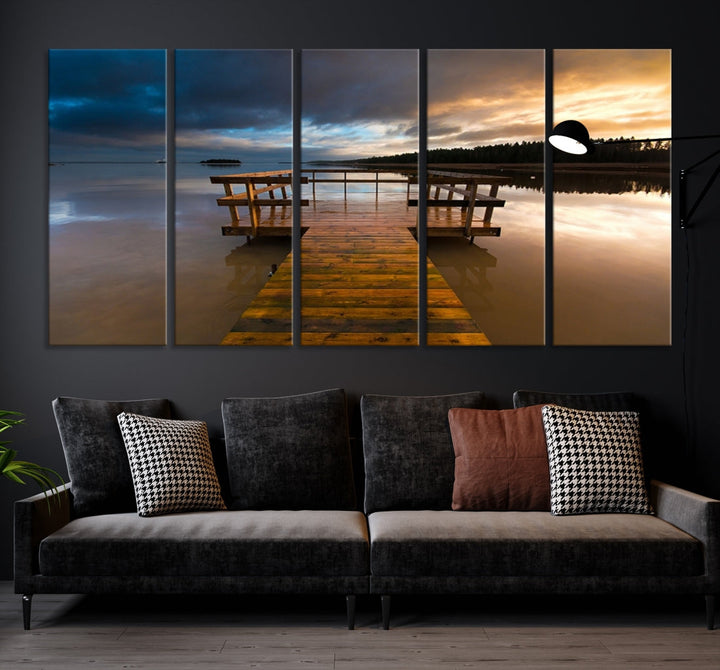 Wooden Pier at Twilight with Amazing Forest Landscape Canvas Wall Art Giclee Print