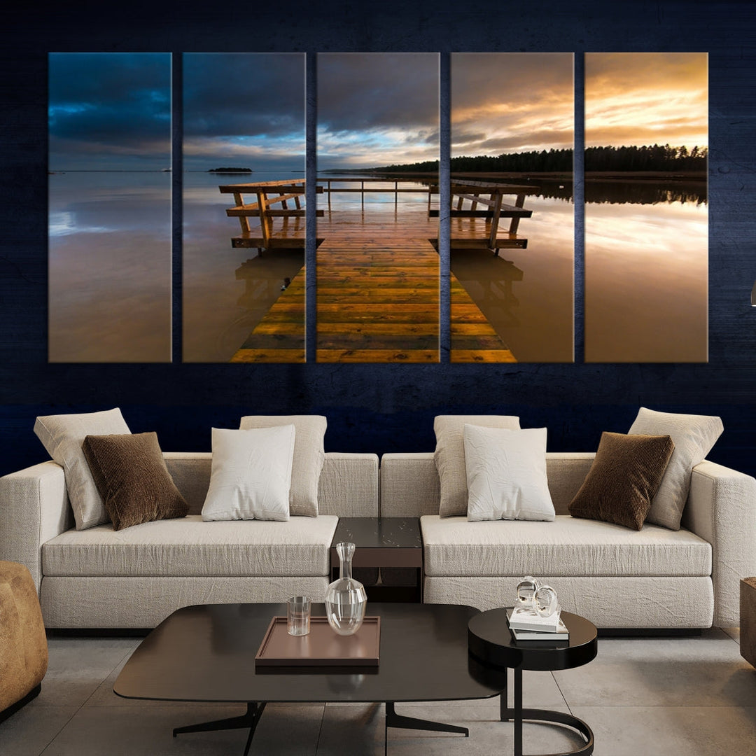 Wooden Pier at Twilight with Amazing Forest Landscape Canvas Wall Art Giclee Print