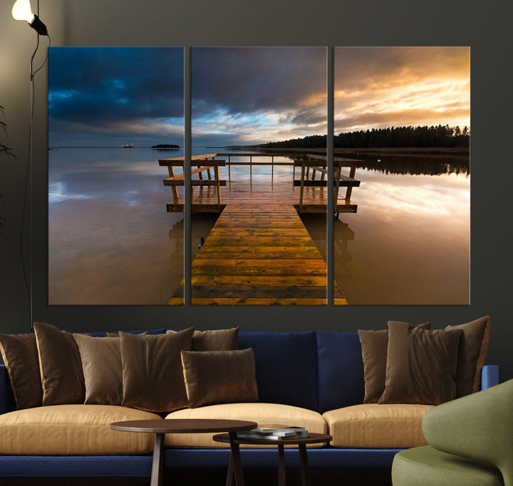 Wooden Pier at Twilight with Amazing Forest Landscape Canvas Wall Art Giclee Print