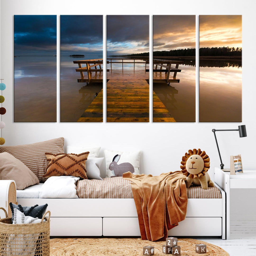 Wooden Pier at Twilight with Amazing Forest Landscape Canvas Wall Art Giclee Print