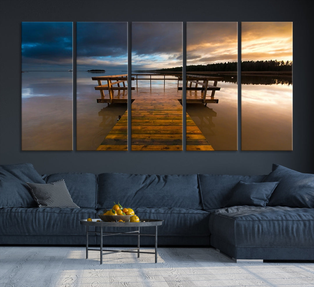 Wooden Pier at Twilight with Amazing Forest Landscape Canvas Wall Art Giclee Print