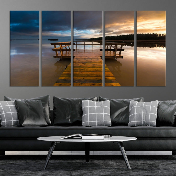 Wooden Pier at Twilight with Amazing Forest Landscape Canvas Wall Art Giclee Print