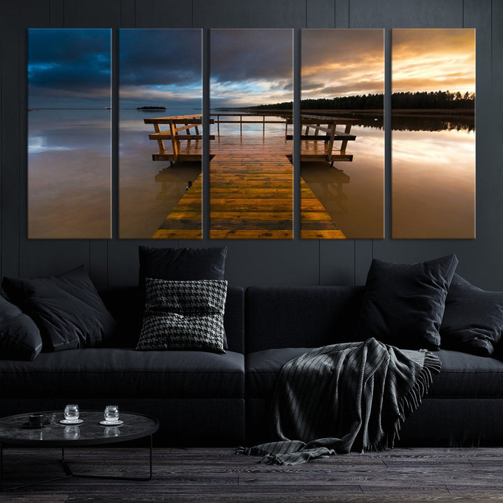 Wooden Pier at Twilight with Amazing Forest Landscape Canvas Wall Art Giclee Print