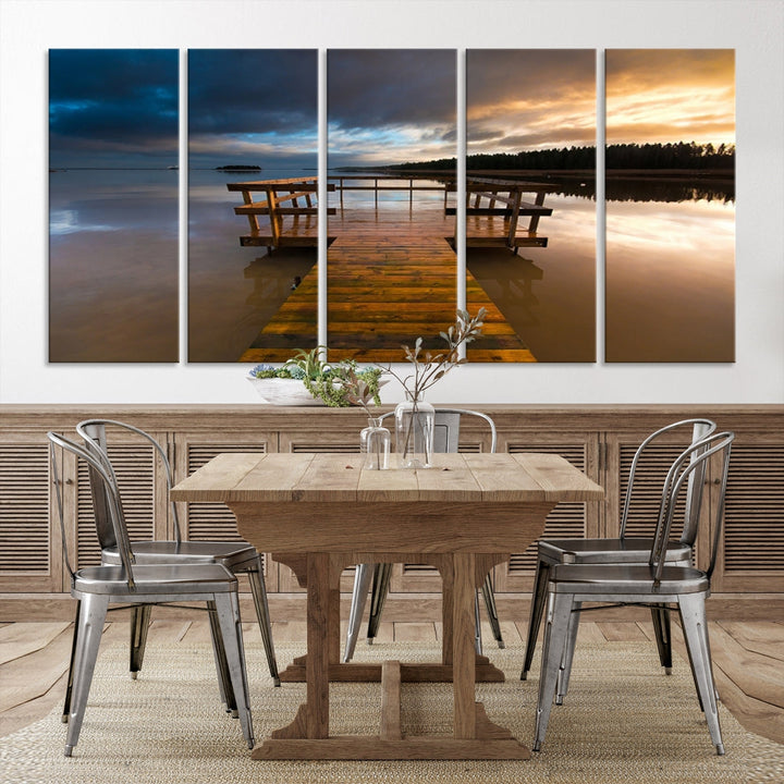 Wooden Pier at Twilight with Amazing Forest Landscape Canvas Wall Art Giclee Print