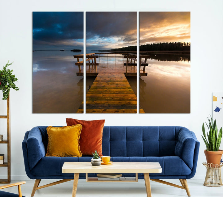 Wooden Pier at Twilight with Amazing Forest Landscape Canvas Wall Art Giclee Print