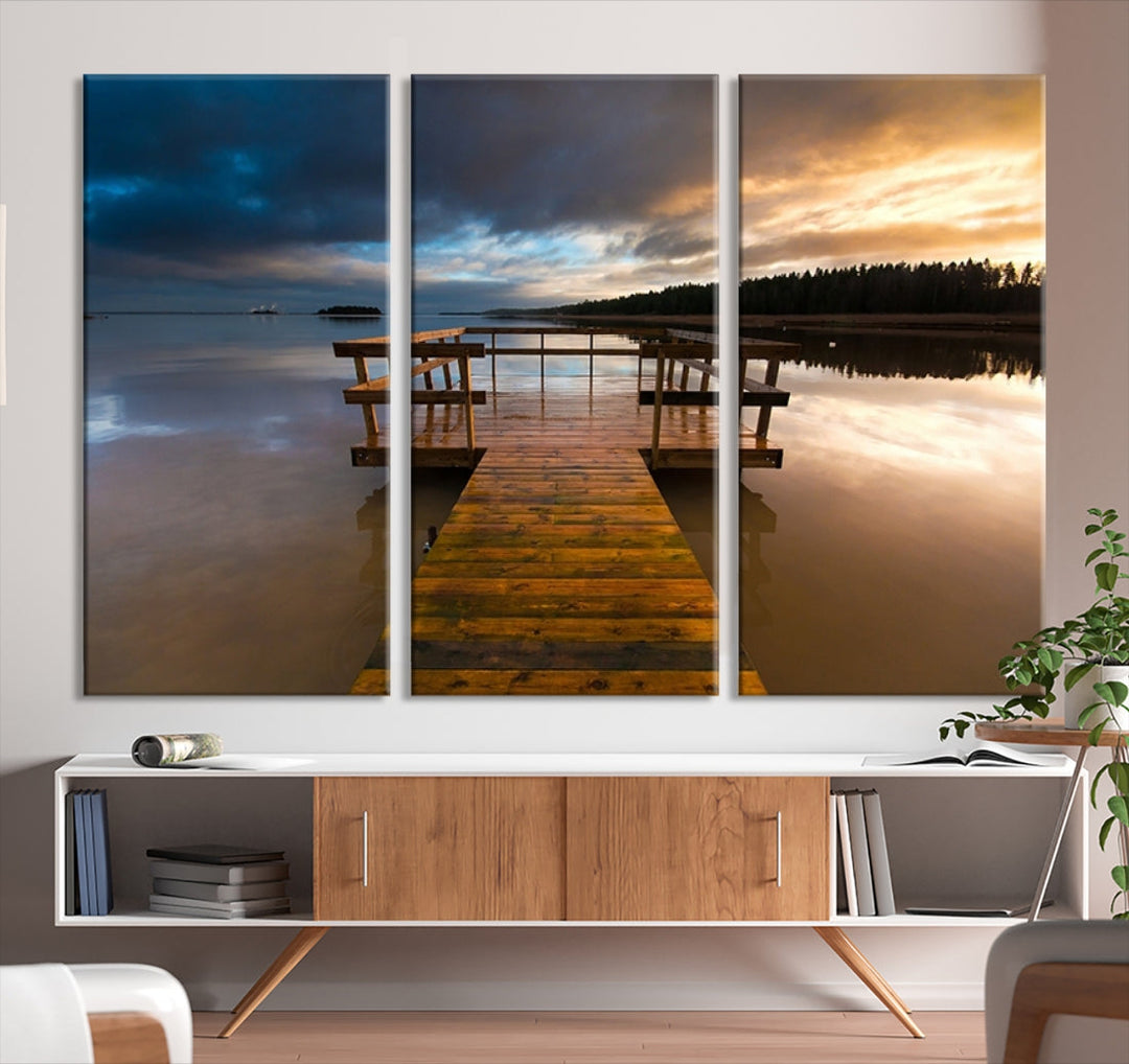 Wooden Pier at Twilight with Amazing Forest Landscape Canvas Wall Art Giclee Print