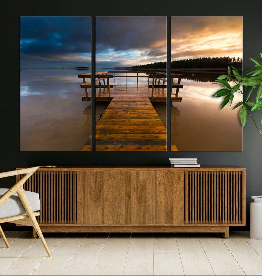 Wooden Pier at Twilight with Amazing Forest Landscape Canvas Wall Art Giclee Print