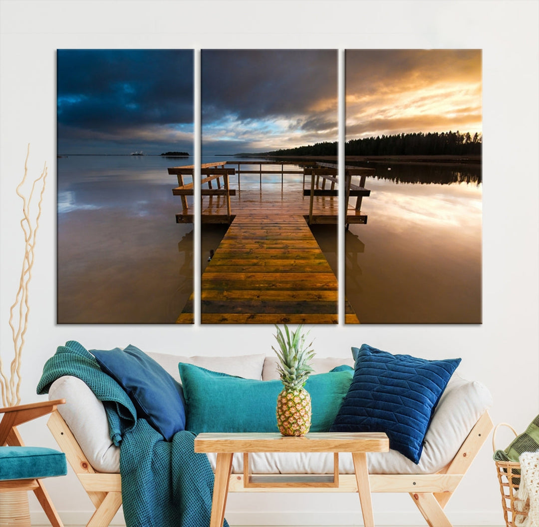 Wooden Pier at Twilight with Amazing Forest Landscape Canvas Wall Art Giclee Print