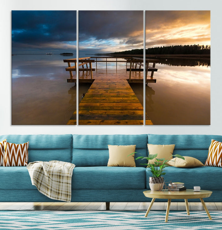 Wooden Pier at Twilight with Amazing Forest Landscape Canvas Wall Art Giclee Print