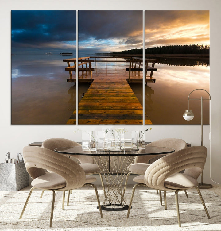 Wooden Pier at Twilight with Amazing Forest Landscape Canvas Wall Art Giclee Print