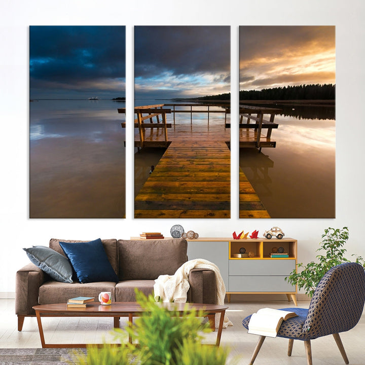 Wooden Pier at Twilight with Amazing Forest Landscape Canvas Wall Art Giclee Print