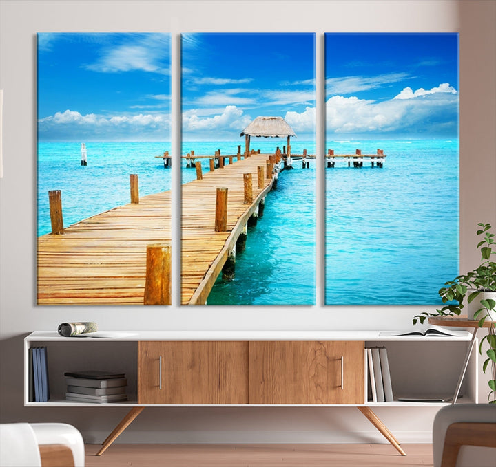 Wooden Pier in Blue Ocean Tropical Beach Canvas Wall Art Print